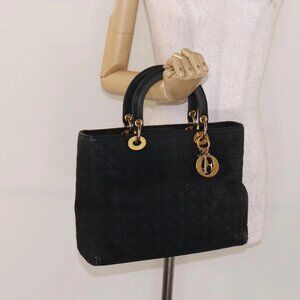 Christian Dior Canage Hand Bag Canvas Black Gold Auth 139849